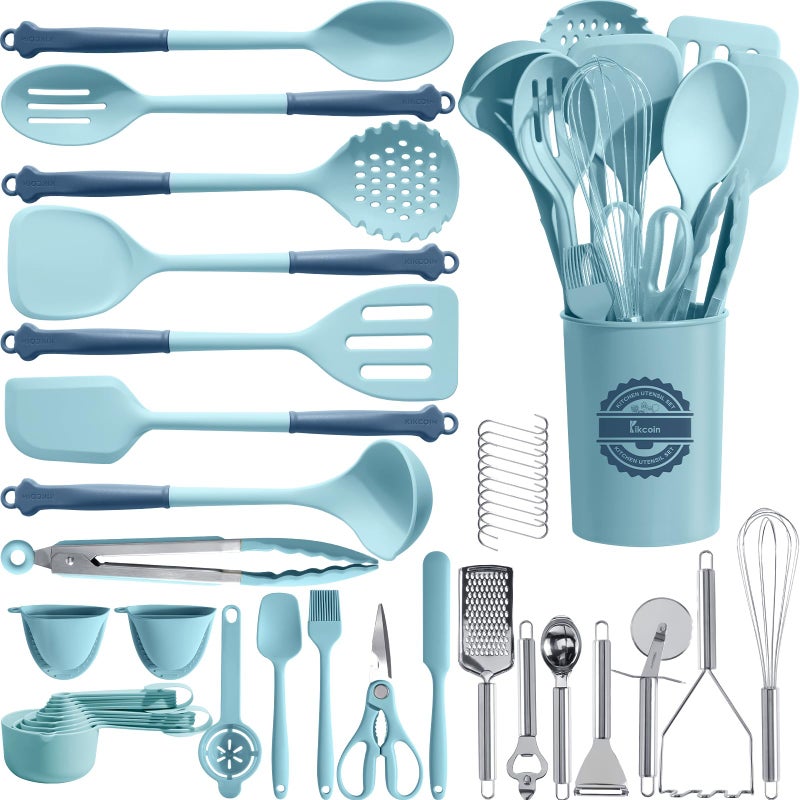 Kikcoin 43Pcs Large Kitchen Utensils Set - Silicone Cooking Utensils Set  Dishwasher Safe Spatula Set for Non-stick Cookware  446F Heat Resistant Kitchen Utensils Set with Holder BPA Free  Blue - Image 1
